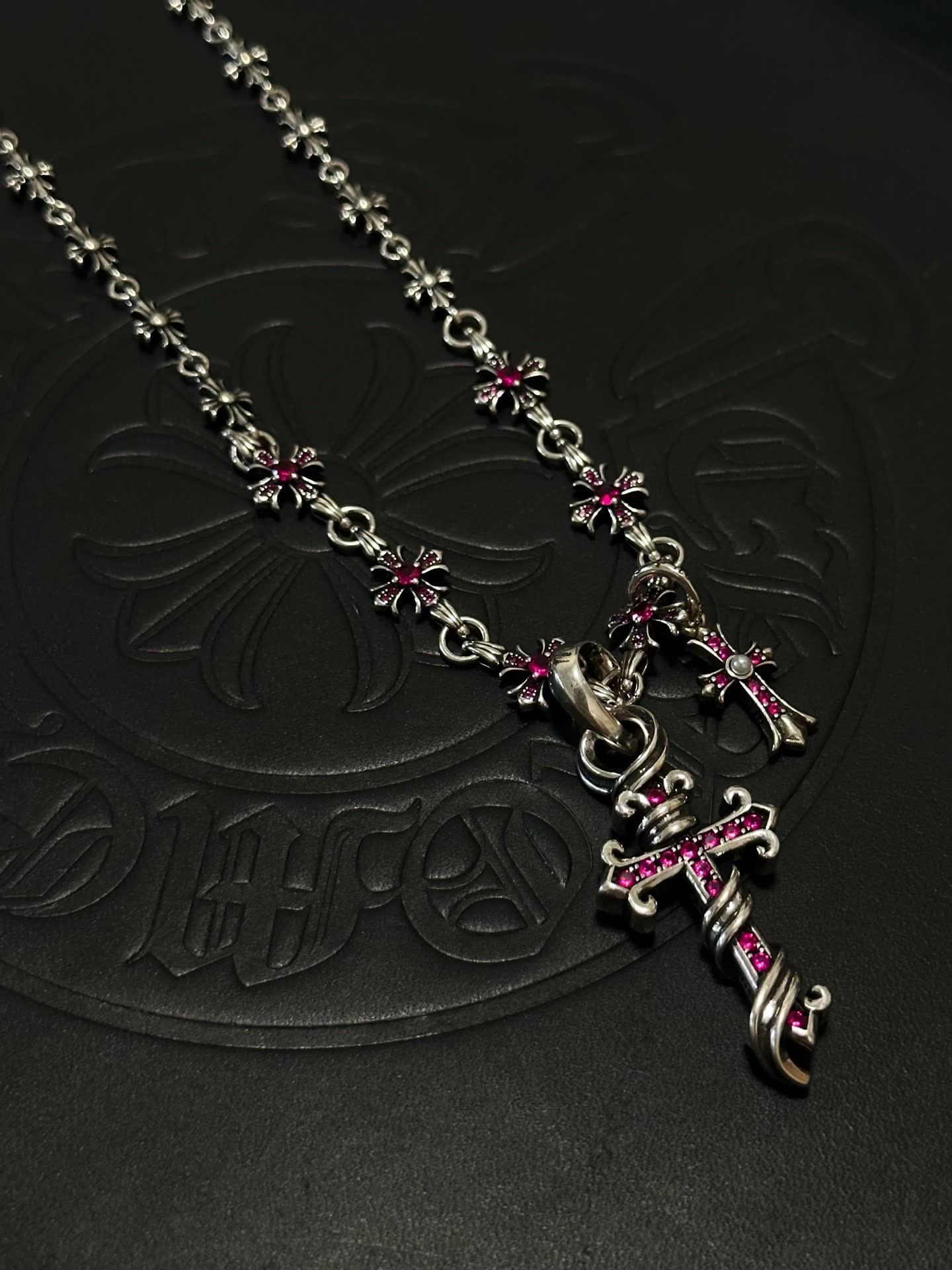 Chrome Hearts Silver Cross Pendant Necklace with Pink Crystals
